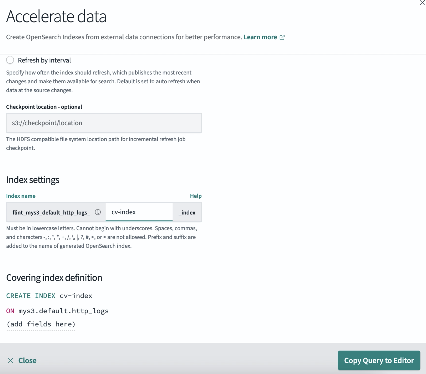 Covering index settings