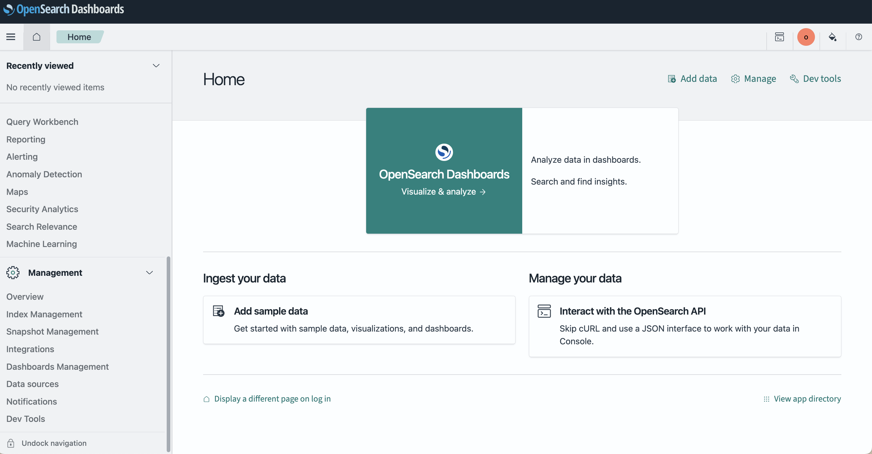 OpenSearch Dashboards interface default view