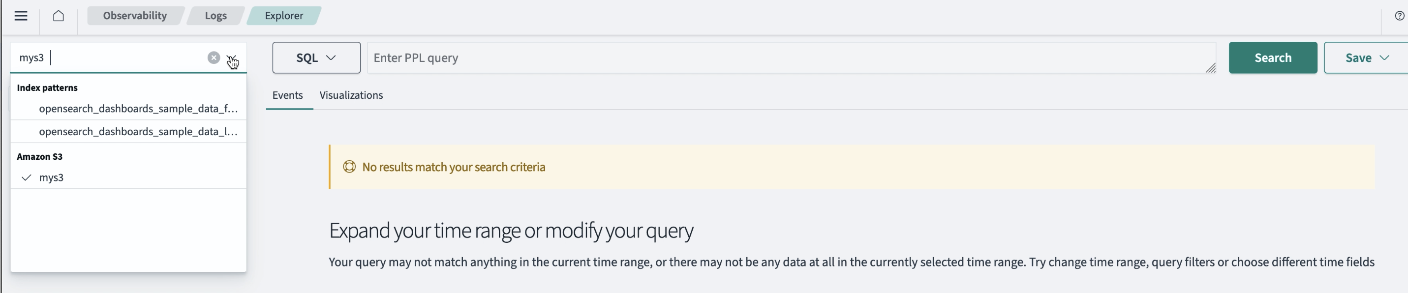 Observability Logs Amazon S3 dropdown menu