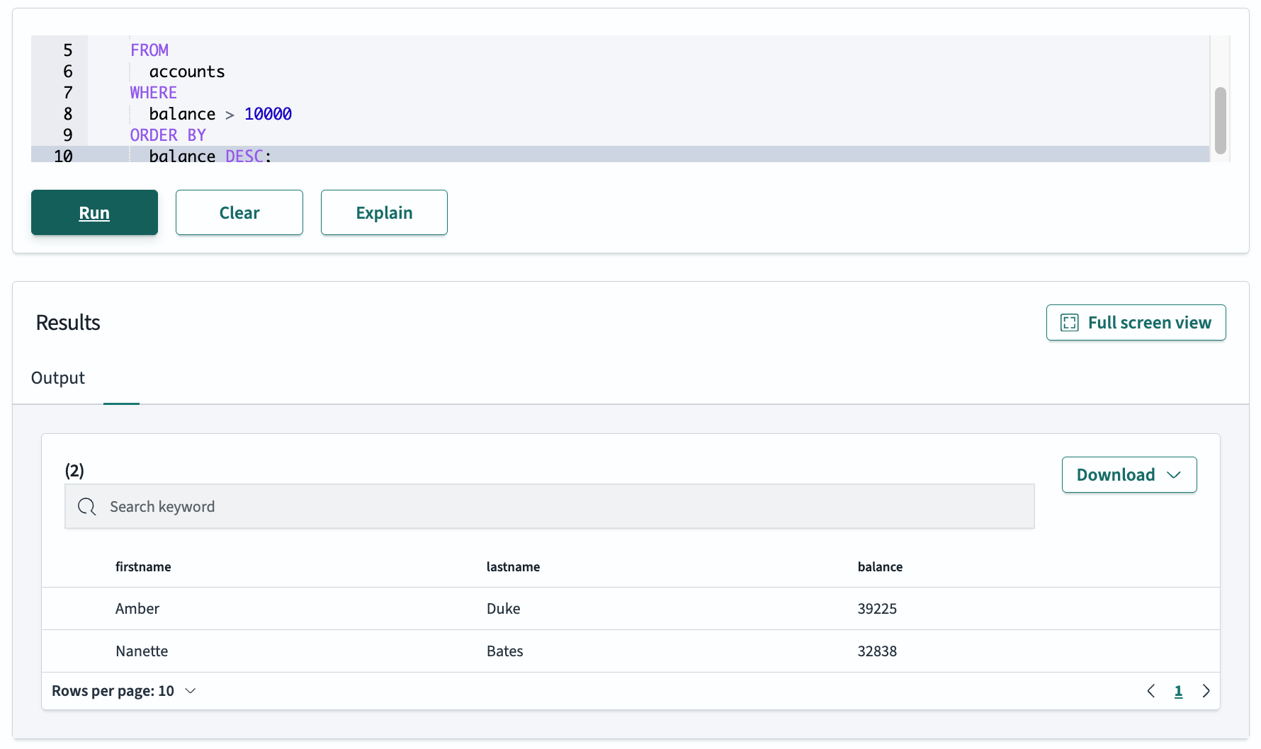 Query Workbench SQL query input and results output panes