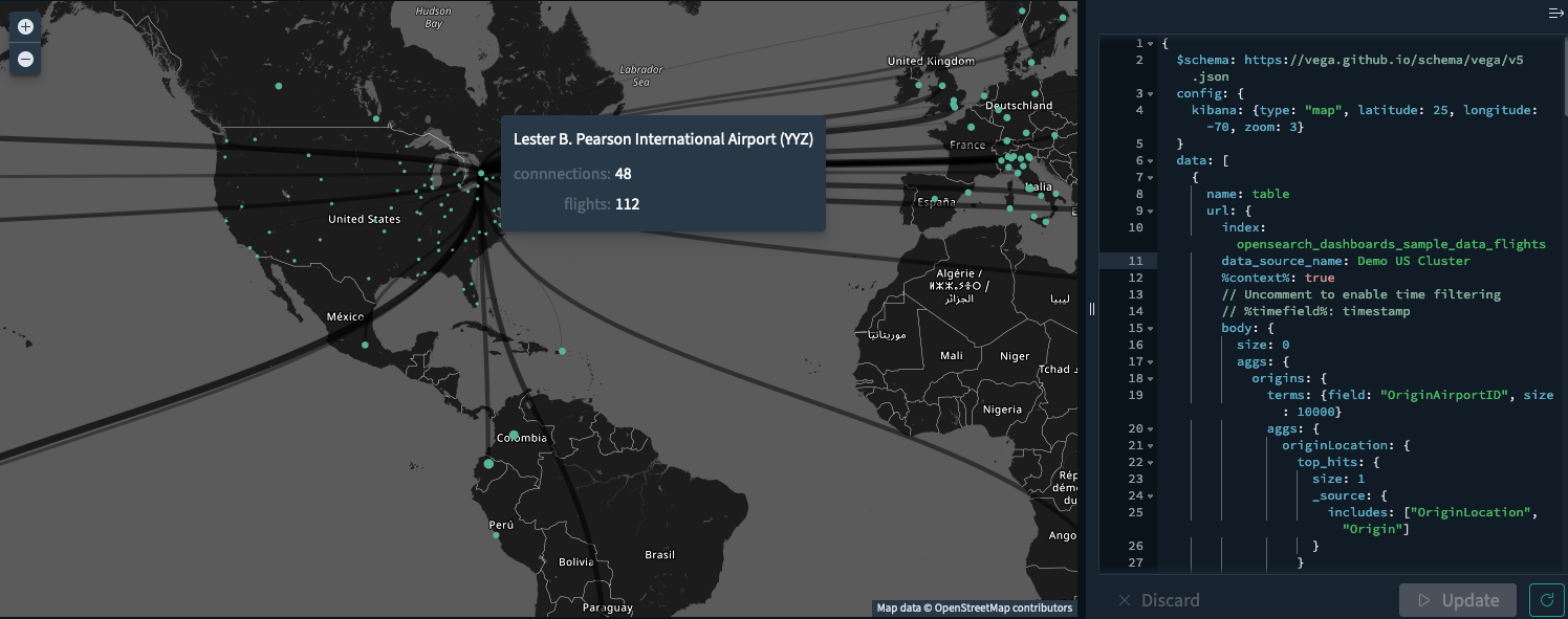 Map created using Vega visualization in OpenSearch Dashboards